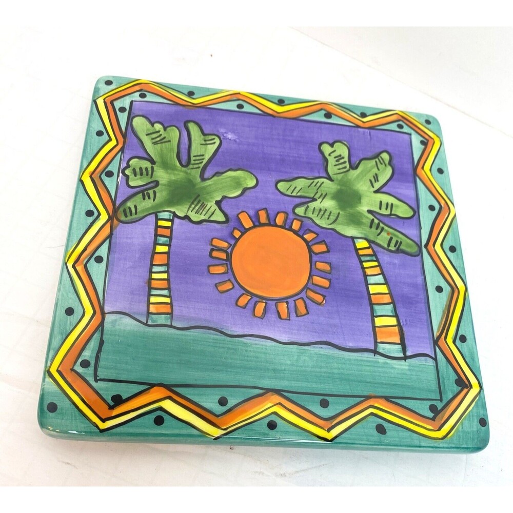 Tile/trivet  Palm trees And Sun 6 1/2  X 6 1/2 Studio Art Ceramic